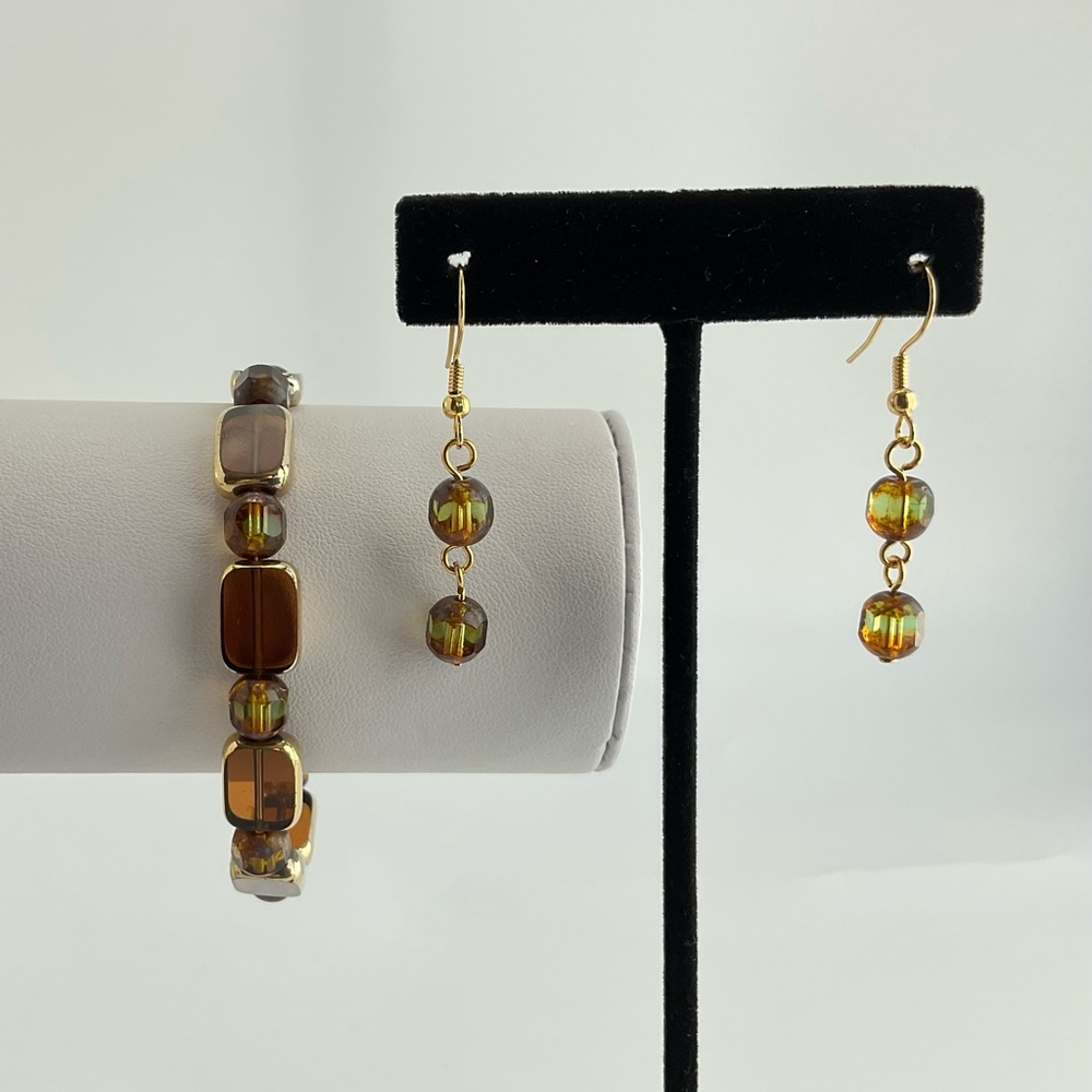 Green and Brown Bracelet & Earrings Set with Vintage Cathedral Beads, Handmade